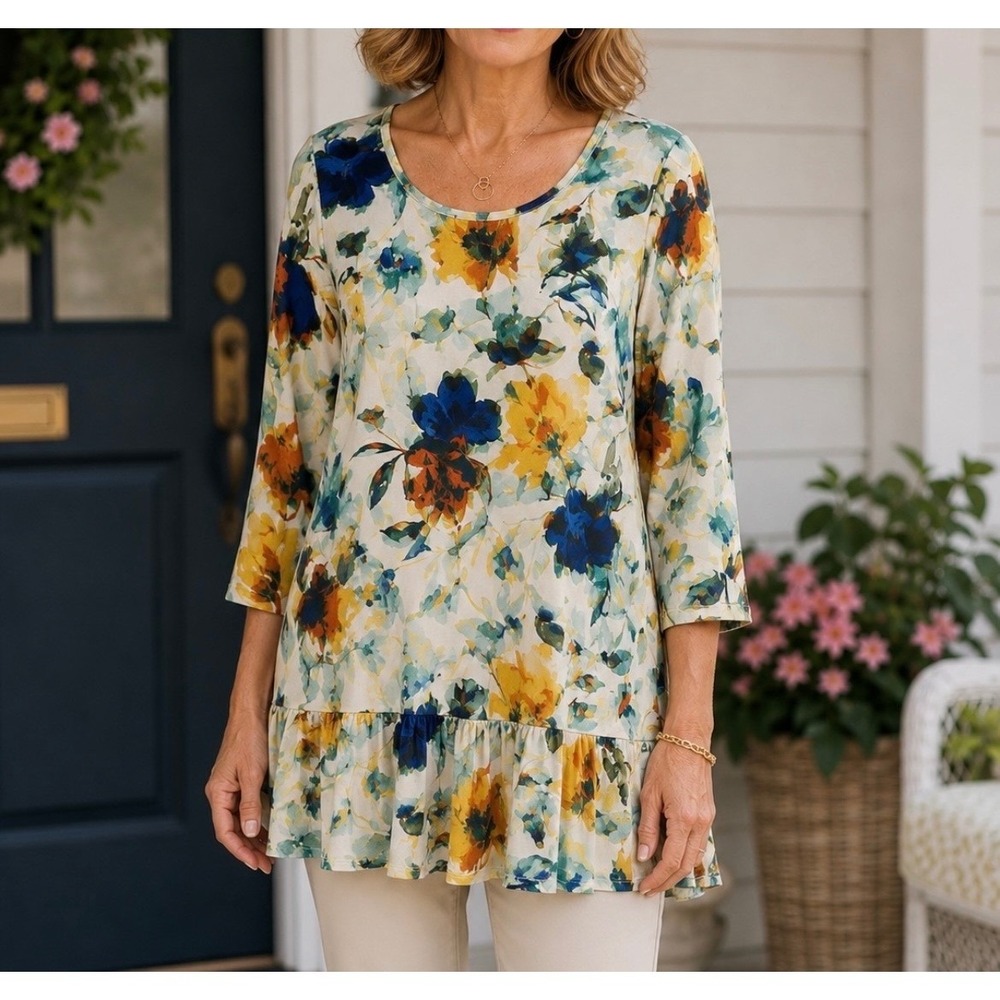 LOGO Lori Goldstein Floral Ruffle Hem Tunic Top 3/4 Sleeve Plus Size 2X Multi